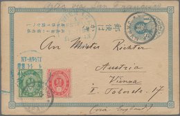 Japan - Ganzsachen: 1888/98, Stationery Used To Germany Or Austria: Koban 1 S. Blue Uprated 1 S. Gre - Postales