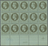 Frankreich: 1871, Napoleon Laure, 1c. Olive On Bluish Green, Bottom Marginal Block Of 15, Mint Never - Collections