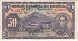 BILLETE DE BOLIVIA DE 50 BOLIVIANOS DEL AÑO 1928  SERIE X2 EN CALIDAD EBC (XF) (BANKNOTE) - Bolivien