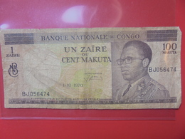 CONGO 1 ZAIRE=100 MAKUTA 1-10-1970 CIRCULER - République Démocratique Du Congo & Zaïre