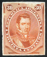 ARGENTINA: GJ.42, 1867 30c. Alvear, PROOF In The Issued Color Printed On Thin Paper, VF Quality! - Other & Unclassified