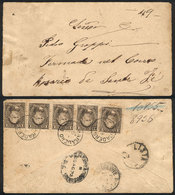 ARGENTINA: GJ.101, Strip Of 5 Franking A Cover Sent From BARADERO To Rosario On 30/AU/1892, With Interesting Cancels, Ra - Andere & Zonder Classificatie