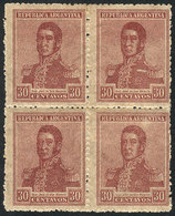 ARGENTINA: GJ.492, 1918 30c. San Martín With Wheatley Bond Watermark IN THE 4 STAMPS, Excellent Quality, Very Rare (bloc - Sonstige & Ohne Zuordnung