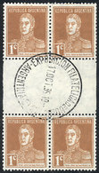 ARGENTINA: GJ.595EHB, 1924 1c. San Martín, Block Of 4 With HORIZONTAL GUTTER, Used, Excellent Quality, Rare! - Other & Unclassified