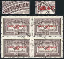 ARGENTINA: GJ.722a + Var., 1932 90c. Zeppelin, Used Block Of 4 With Varieties: "REPUBLICÁ" (GJ.722a, Position 11) + "Ink - Airmail