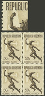 ARGENTINA: GJ.864b, 50c. Mercury Without Watermark, Block Of 4, One With Variety "Fake Nose And Wristband", VF" - Poste Aérienne