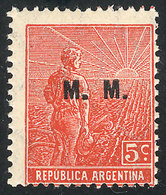 ARGENTINA: GJ.456, 1915 5c. Plowman, Italian Paper, Perf 13½x12½, M.M. Overprint, MNH, VF Quality, Very Rare! - Oficiales