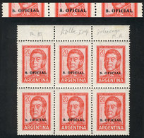 ARGENTINA: GJ.755, 20P. San Martín With Sun Watermark, Block Of 6, 5 Examples With Unlisted DOUBLE OVERPRINT Variety, VF - Dienstmarken