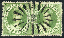 AUSTRALIA: Sc.20, 1865 6p. Yellow-green With Perforation 13, Pair Of Great Quality! - Gebraucht