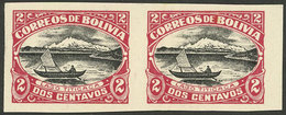 BOLIVIA: Sc.113a, 1916/7 2c. Boat On Lake Titicaca, IMPERFORATE PAIR, Mint Without Gum, VF Quality! - Bolivie