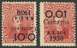 BOLIVIA: Sc.193b, 1930 1c. On 2c. With INVERTED Blue Overprint + Another Example With Variety BLACK OVERPRINT, VF Qualit - Bolivie