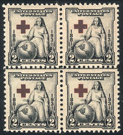 UNITED STATES: Sc.702, 1931 Red Cross, Block Of 4 With VARIETIES: Cross In Black-carmine Instead Of Red, Also With A Hor - Usados