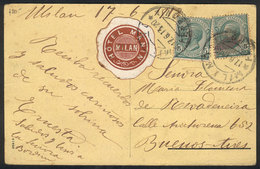 ITALY: Postcard Sent From Milano To Argentina On 17/JUN/1913, Franked With 10c. Along Cinderella Of HOTEL MANIN, Very Ni - Otros & Sin Clasificación