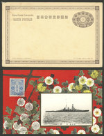 JAPAN: Old 4S. Postal Card And A Beautiful Postcard With View Of Battleship And Special Postmark, Both With Small Adhere - Japon