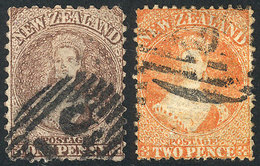 NEW ZEALAND: Sc.38 + 40, 1871 1p. Brown Perf 10 And 2p. Orange Perf 12½, Used, Fine To VF Quality, Catalog Value US$172. - Usati