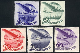 RUSSIA: Sc.45/49, 1933 Soviet Aviation, Cmpl. Set Of 5 Values Perforation 14, Mint Very Lightly Hinged, VF Quality, Cata - Unused Stamps