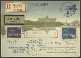 SWEDEN: 10ö. Postal Card + Additional Postage, Sent By Registered Airmail To Germany On 15/MAY/1930, Very Nice! - Storia Postale