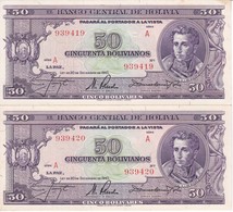 PAREJA CORRELATIVA DE BOLIVIA DE 50 BOLIVIANOS DEL AÑO 1945  SERIE A CALIDAD EBC (XF) (BANKNOTE) - Bolivien