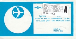 AT Yugoslav Airlines Ticket Charter Flight Zagreb-Toronto Canada 1975 - Tickets