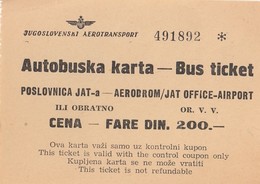 JAT Yugoslav Airlines Bus Ticket To Airport - Billetes