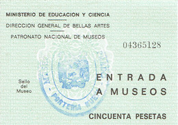 Ancien Ticket D'entrée Entrada A Museos Au Musée Du Prado (Madrid) Vers 1970 - Tickets D'entrée