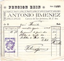 Facture Hotel Pension Rhin Antonio Jimenez Carrera San Jeronimo Madrid Espagne 1918 - Spanien