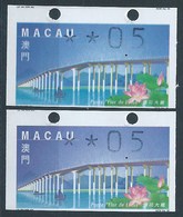 MACAU ATM LABELS, 1999 LOTUS FLOWER BRIDGE ISSUE, 50 AVOS-TOP HOLES & SHIFT UP VALUE X 2 WITH DIFFERENT COLOR SHADE - Distributors