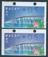 MACAU ATM LABELS, 1999 LOTUS FLOWER BRIDGE ISSUE, 50 AVOS-TOP HOLES & SHIFT UP VALUE X 2 WITH DIFFERENT COLOR SHADE - Automatenmarken