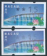 MACAU ATM LABELS, 1999 LOTUS FLOWER BRIDGE ISSUE, 1.50 PAT X 2 WITH DIFFERENT COLOR SHADE - Distributori
