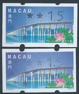 MACAU ATM LABELS, 1999 LOTUS FLOWER BRIDGE ISSUE, 1.50 PAT X 2 WITH DIFFERENT COLOR SHADE - Distribuidores