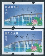 MACAU ATM LABELS, 1999 LOTUS FLOWER BRIDGE ISSUE, 4.50 PAT X 2 WITH DIFFERENT COLOR SHADE & BROKEN STAR - Automatenmarken