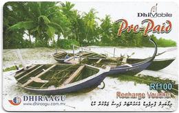 Maldives - DhiMobile - Boats On The Beach, GSM Refill 100MRf, Used - Maldiven