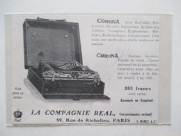 Machine à écrire Portative "CORONA" Ets Compagnie Real    -  Coupure De Presse De 1909 - Autres Appareils