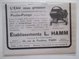 Poulie Pompe (Système Dispot) à Eau Sous Pression  Ets L HAMM -  Coupure De Presse De 1918 - Andere Geräte