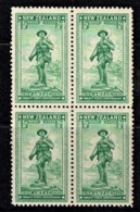 New Zealand 1936 ANZAC Anniversary 1/2d Block Of 4 MNH - Ungebraucht