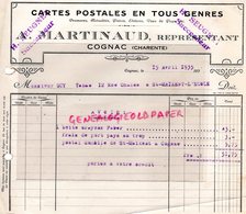 16- COGNAC - RARE FACTURE A. MARTINAUD -CARTES POSTALES BROMURES PATOIS- IMPRIMERIE CARTE POSTALE-  1925 - Stamperia & Cartoleria