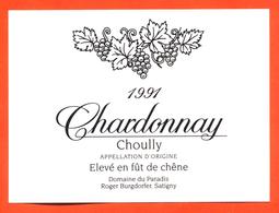 étiquette De Vin Suisse Chardonnay Choully 1991 Roger Burgdorfer à Satigny - 75 Cl - Vin De Pays D'Oc