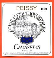 étiquette De Vin Suisse Genevois Chasselas Peissy Fruité 1989 Domaine Des Trois étoiles Crousaz à Peissy - 75 Cl - Vin De Pays D'Oc