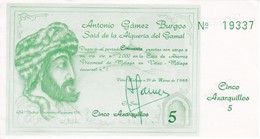 BILLETE DE ESPAÑA DE 5 AXARQUILLOS DEL AÑO 1988 SIN CIRCULAR-PLANCHA (VELEZ-MALAGA)  (BANKNOTE) - [ 4] 1975-… : Juan Carlos I