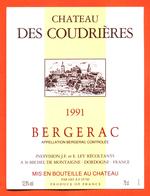 étiquette De Vin Bergerac 1991 Chateau Des Coudrières JF Et E Ley à Saint Michel De Montaigne - 75 Cl - Bergerac