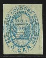 CORDOBA 1858 5c Blue Local Stamp (Scott 1, SG P52), Fine Unused No Gum, Four Margins, Fresh. For More Images, Please Vis - Other & Unclassified