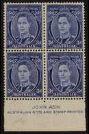 1937-49 3d Bright Blue (Die III), Perf 15 X 14, SG 186, ASH IMPRINT BLOCK OF FOUR, Very Fine Mint (lower Pair Never Hing - Andere & Zonder Classificatie