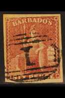 1858 6d Deep Rose-red Britannia, SG 11a, Four Good To Large Margins And Crisp "1" Cancel. For More Images, Please Visit  - Barbados (...-1966)