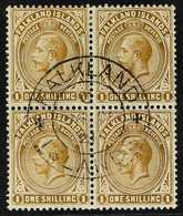 1912-20 1s Brown On Thick Greyish Paper, SG 65b, Superb Used BLOCK OF FOUR With Single Central Falkland Islands Cds Of 2 - Falkland