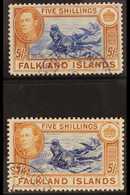1938-50 KGVI 5s Blue & Chestnut, SG 161 & 5s Indigo & Pale Yellow Brown, SG 161b, Very Fine, Cds Used (2 Stamps) For Mor - Falklandeilanden