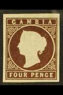 1869-72 4d Brown, No Watermark, Imperf, SG 1, Mint, A Small Thin And A Couple Of Tiny Pin Holes, But With Good Embossing - Gambia (...-1964)