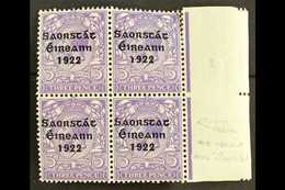 1922-23 SAORSTAT 3d Bluish Violet, Right Marginal Block Of Four, Showing NO ACCENT, SG 57a, Fresh Mint, Light Crease. Fo - Autres & Non Classés