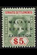 1922 MALAYA BORNEO EXHIBITION VARIETY. $5 Green & Red/blue Green, MCA Wmk, "No Stop" Variety, SG 249f, Fine Mint, Scarce - Straits Settlements