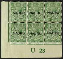 1923 ½d Green Geo V Ovptd "Nauru" 13½mm At Centre, SG 13, Control Corner Block Of 6, Control #23, Superb Used. (6 Stamps - Nauru