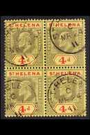 1908-11 KEVII 4d Black & Red/yellow, Chalky Paper, SG 66, BLOCK OF 4, Very Fine Cds Used (4 Stamps) For More Images, Ple - Sint-Helena